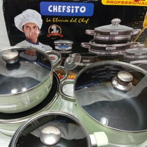 Set de ollas Chefesito 10 capas antiaderente 3 ollas con tapa 1 caserola con mango con tapa y una sarten. Tecnologia alamena