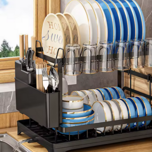 Estante para platos de doble nivel lateral para cubiertos con drenaje y para apozar basos o tazas